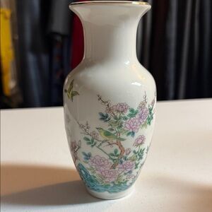 Vintage Enesco White Vase with Floral and Bird Design 6inch